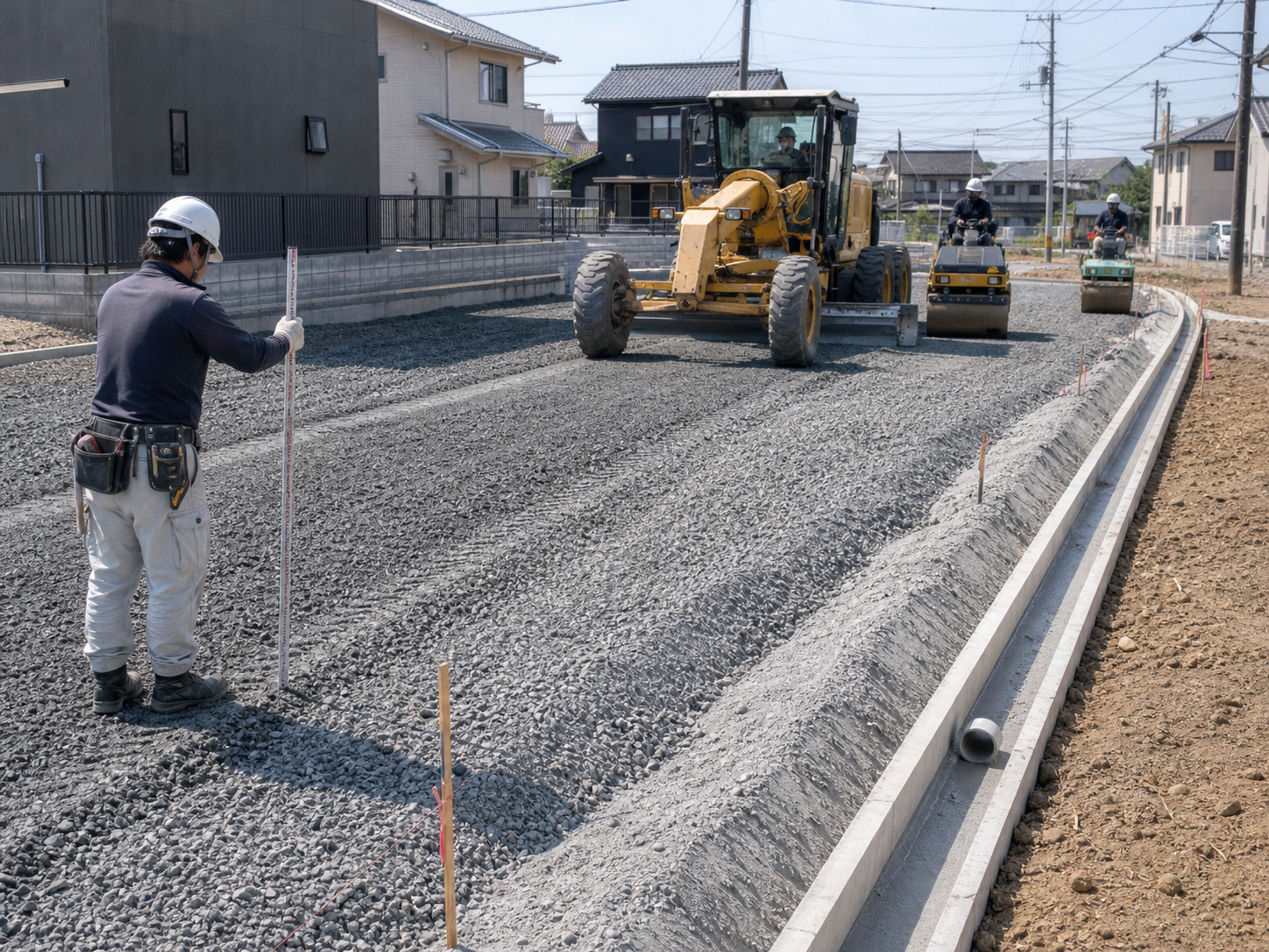 砕石路盤を整え転圧する舗装工事