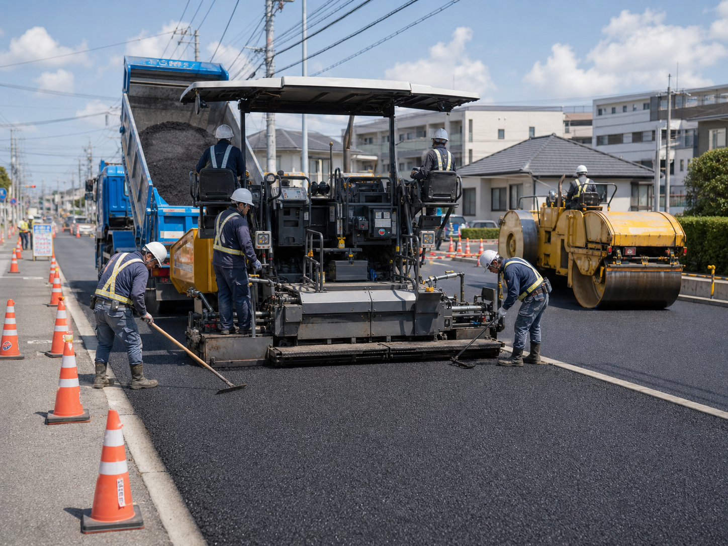 道路にアスファルトを敷きならす舗装工事