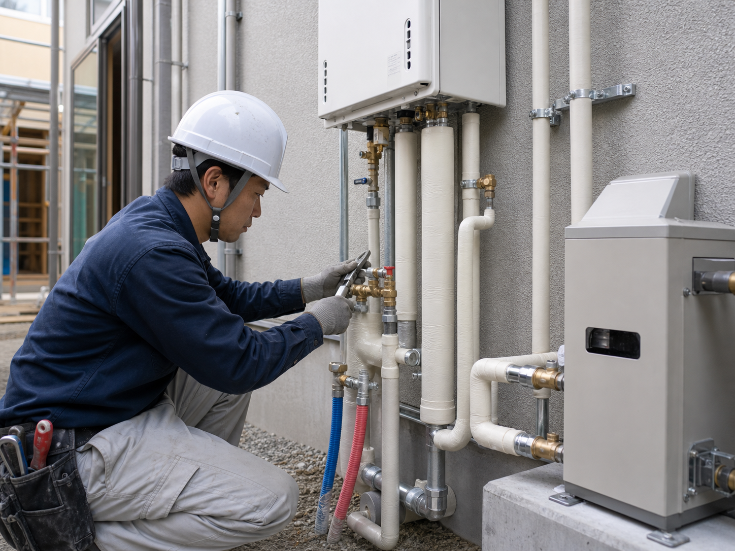 給湯設備まわりの配管を施工する管工事