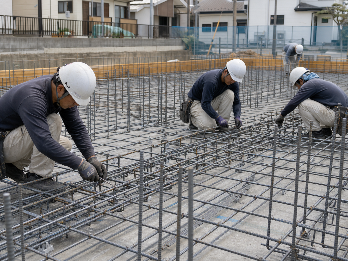 基礎部分の鉄筋を組み立てる鉄筋工事