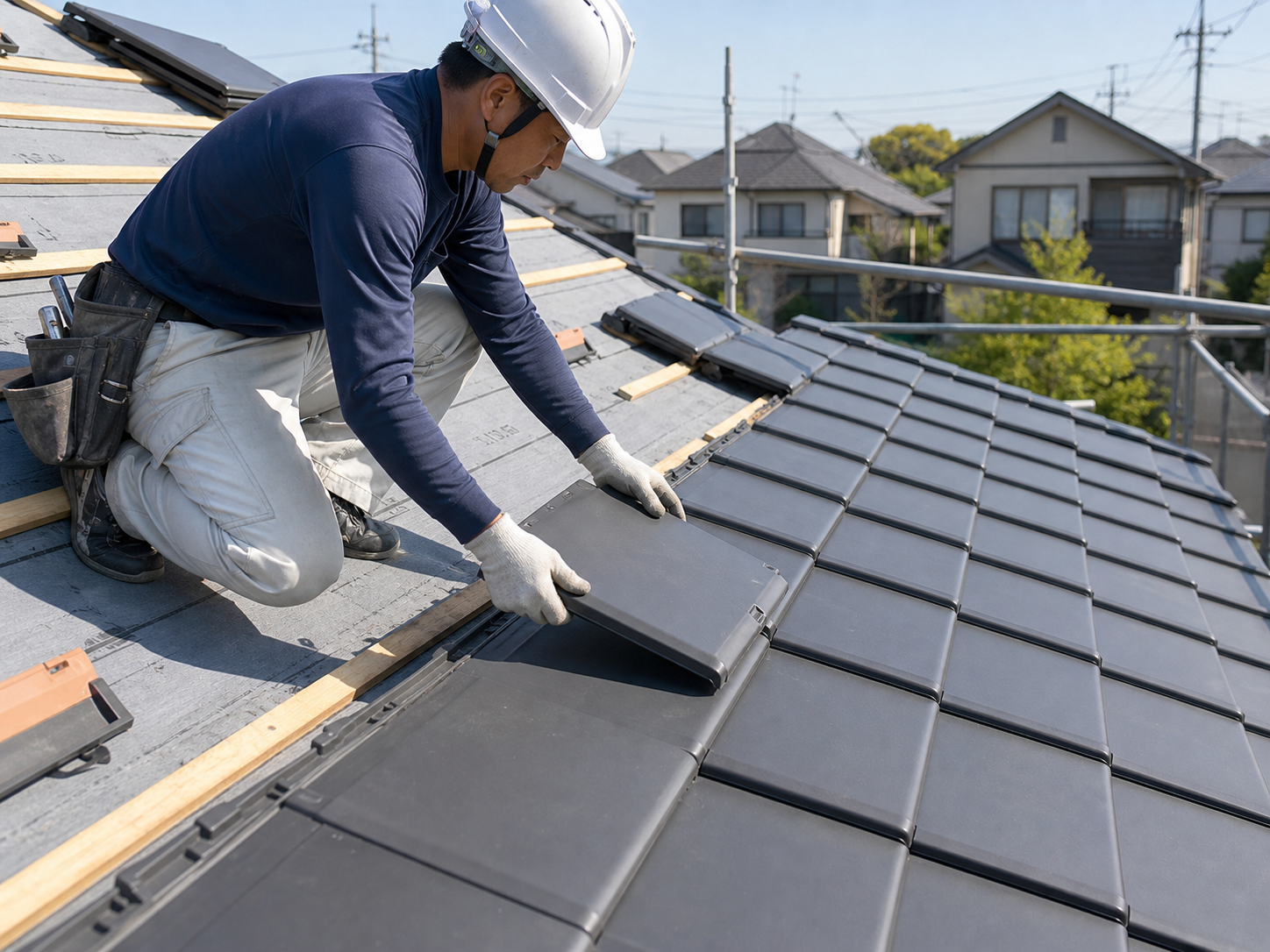 住宅屋根で屋根材を施工する職人