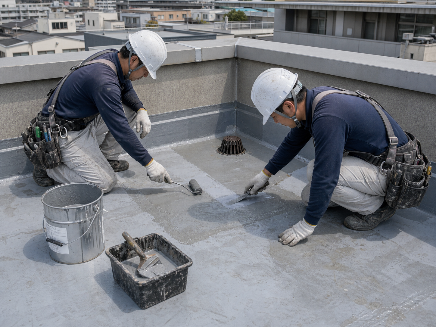 屋根の雨漏り箇所を補修する職人
