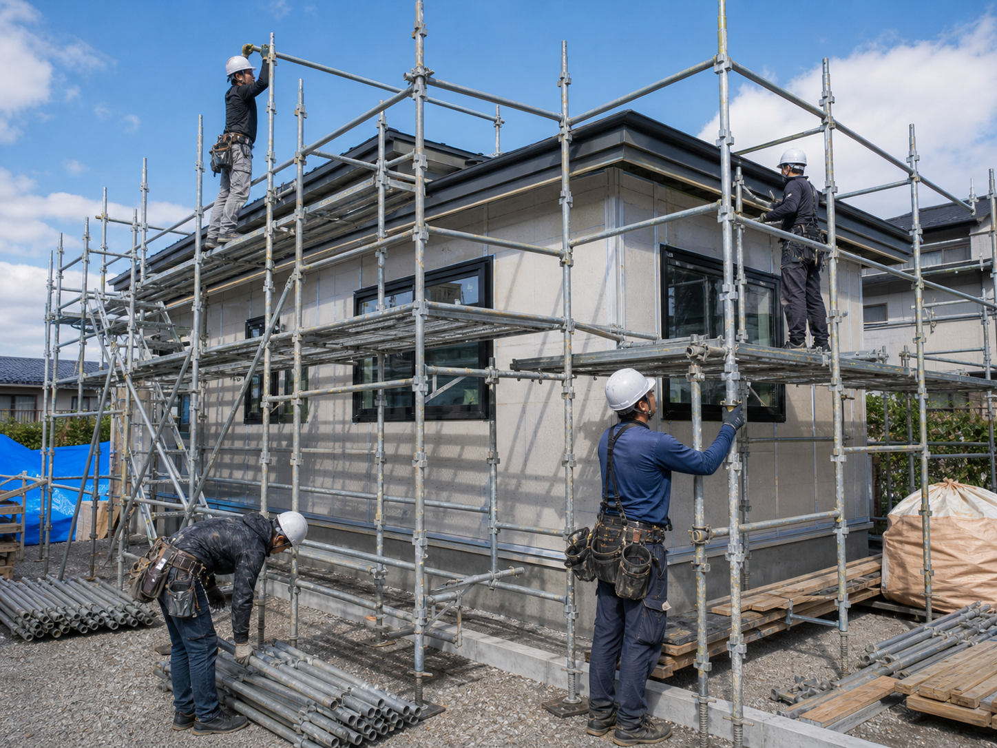 低層建物の足場を組み立てる仮設工事