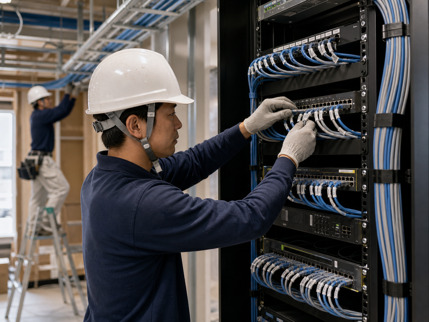 LANケーブルを配線し通信盤へ接続する電気通信工事