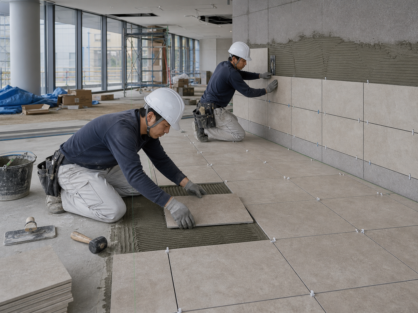 床や壁にタイルを施工する工事