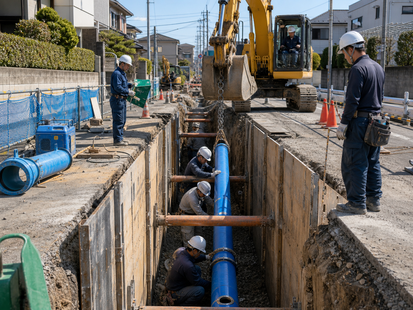 道路下に配水管を敷設する水道施設工事