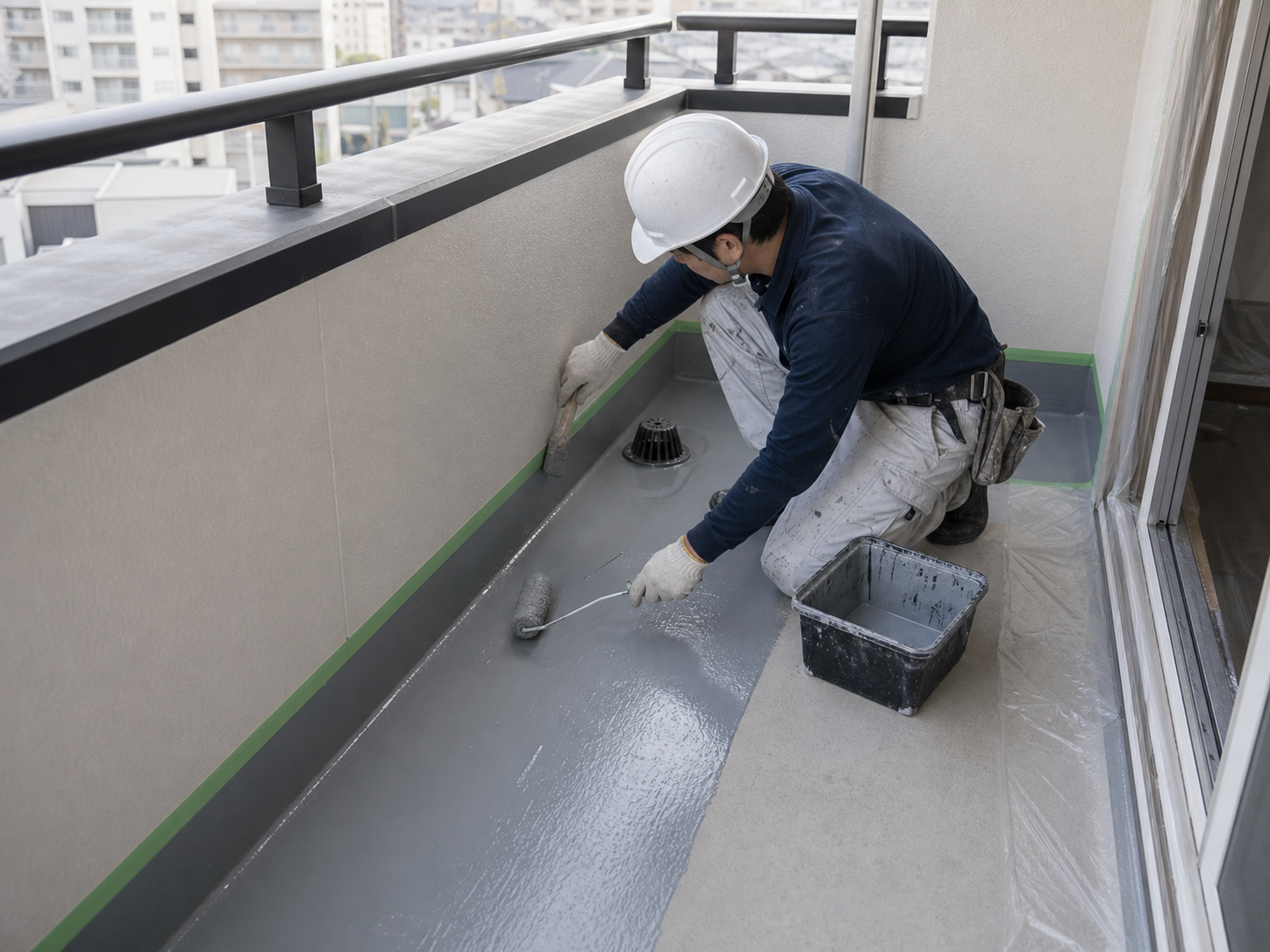 集合住宅のベランダ床を防水する工事