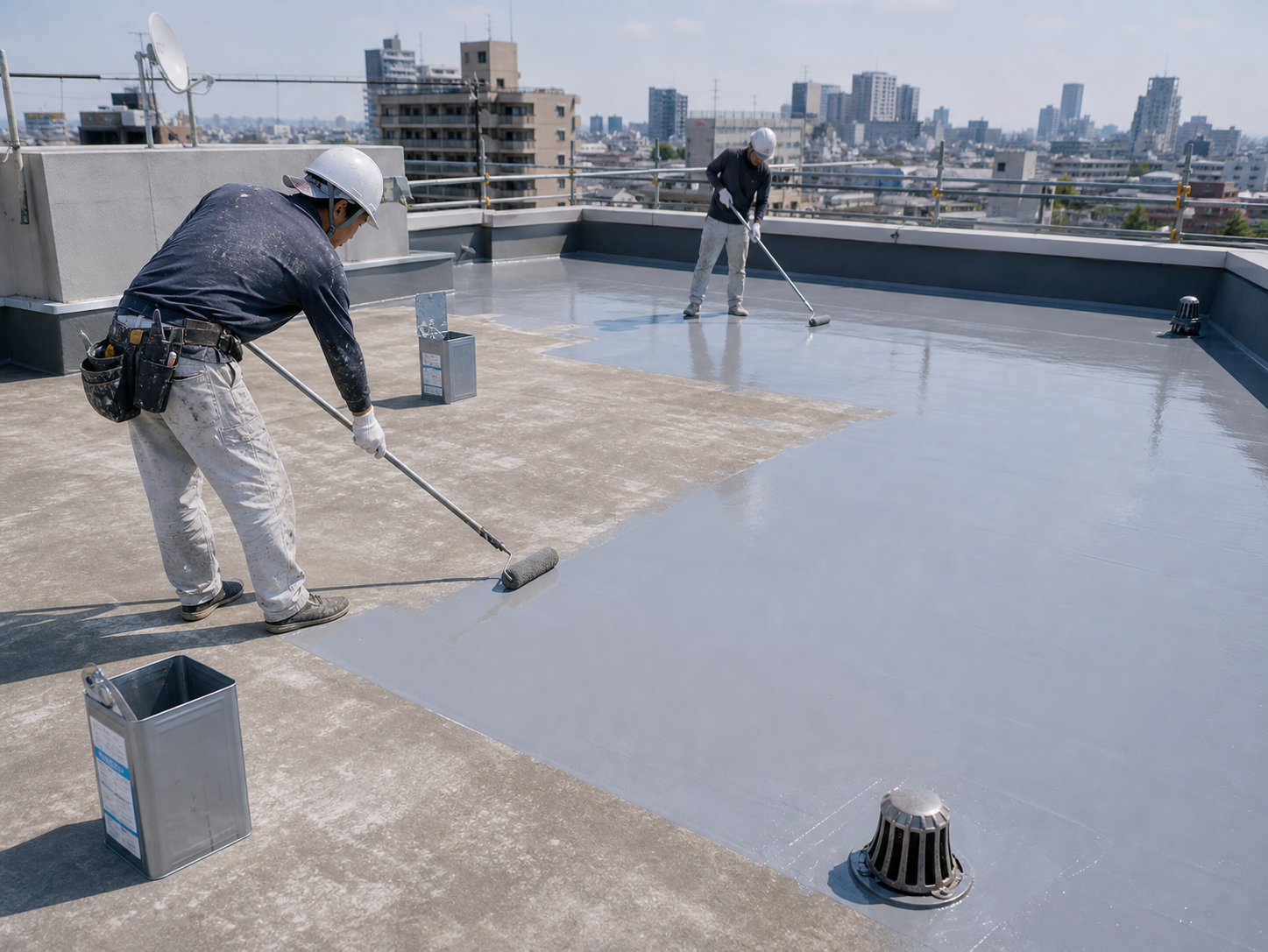 ビル屋上に防水層を施工する防水工事