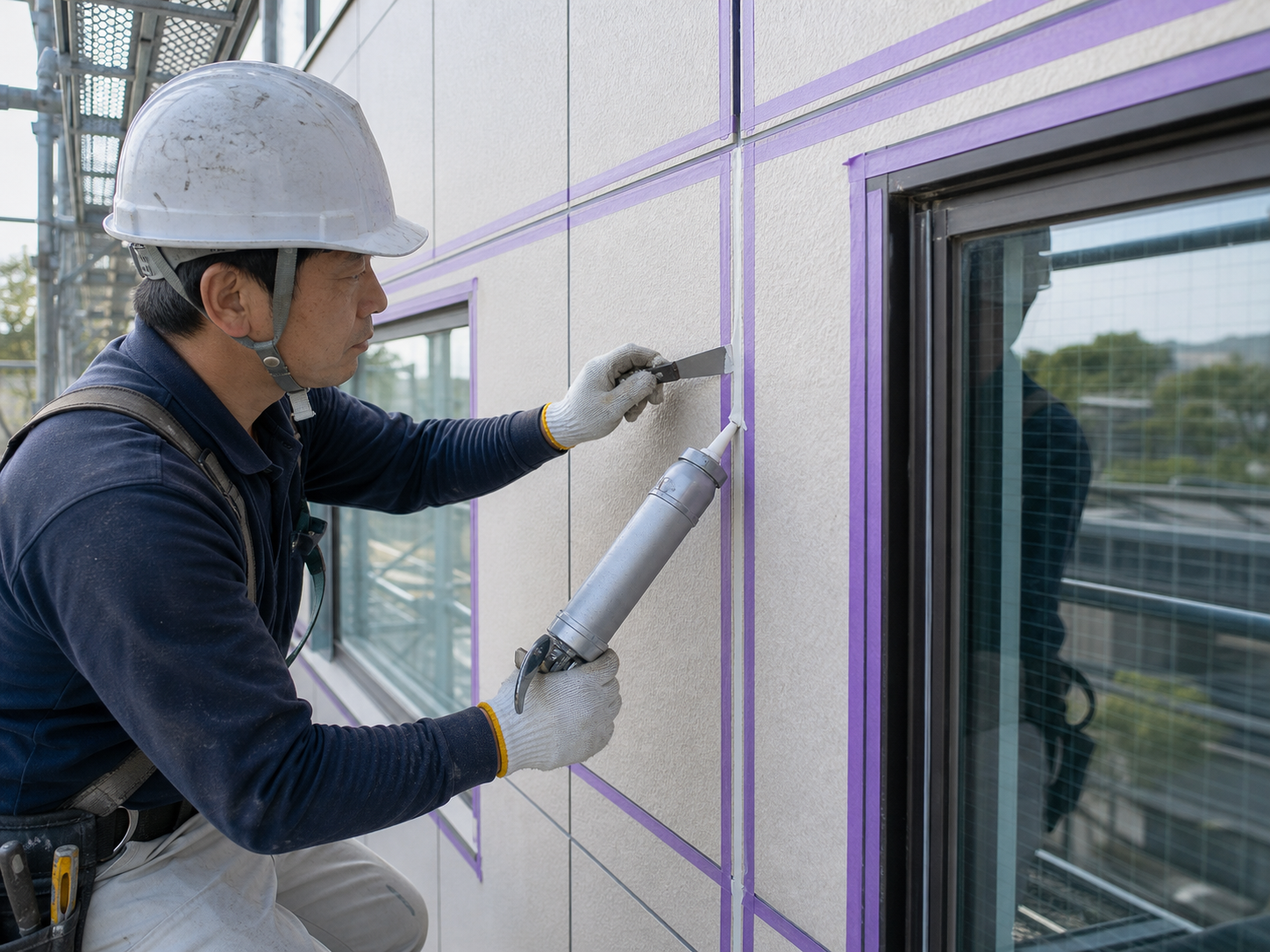 外壁目地にシーリング材を施工する防水工事