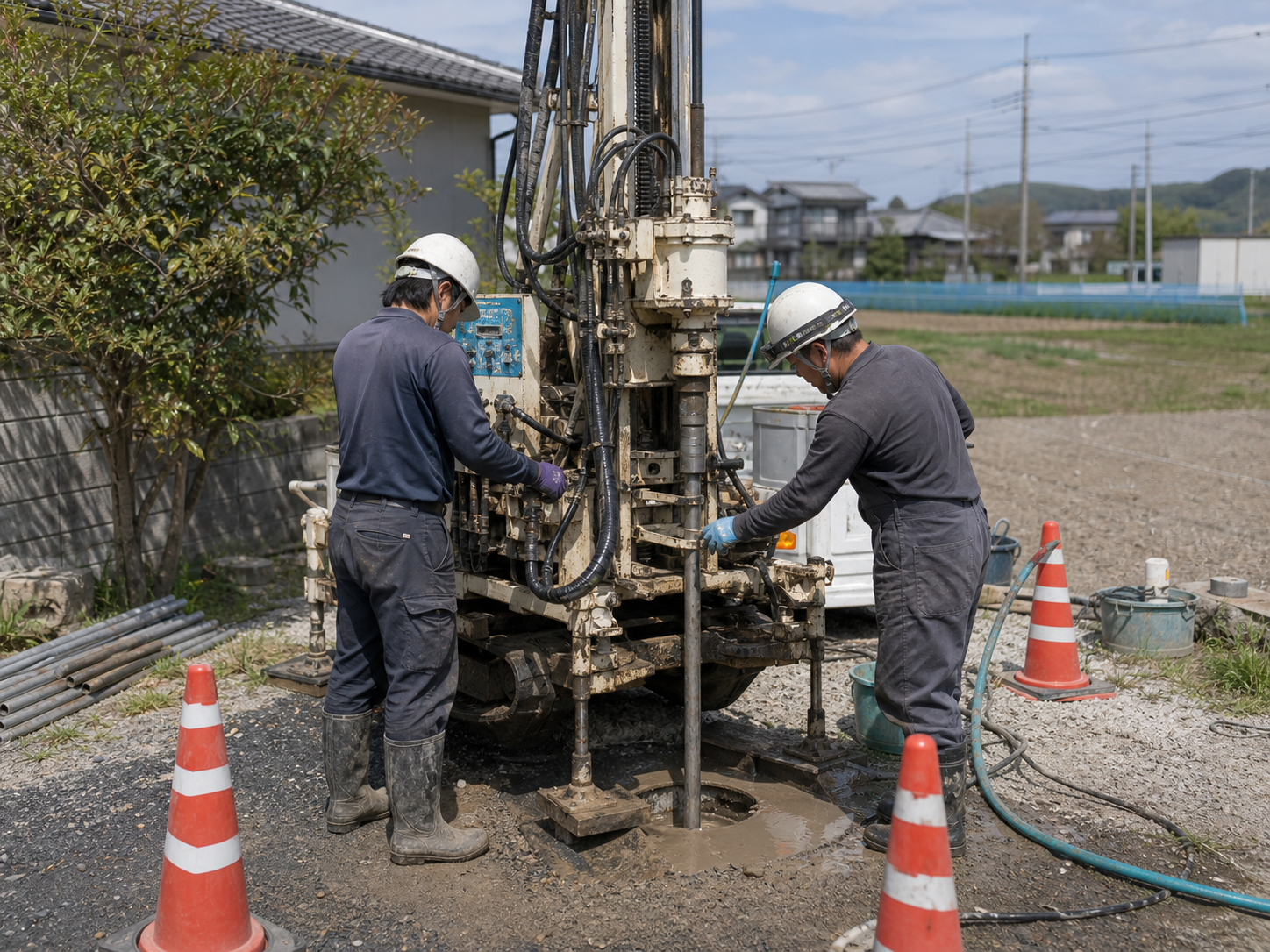 掘削機で井戸を掘るさく井工事