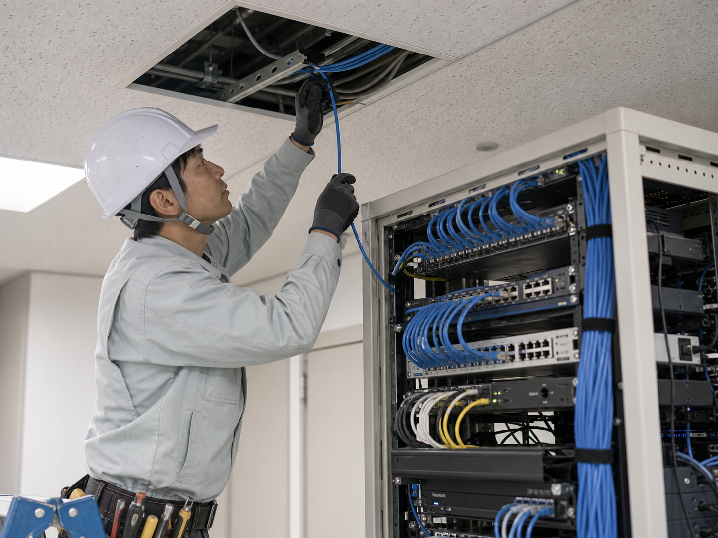 電気通信工事の作業風景